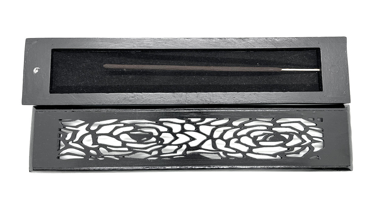 Wooden Incense Stick Burner - Charcoal Black (Rose Design)
